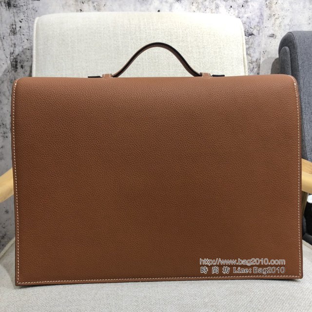 Hermes男包 愛馬仕密碼鎖公事包38cm原版togo皮 蠟線縫製 金棕色  tdh2136